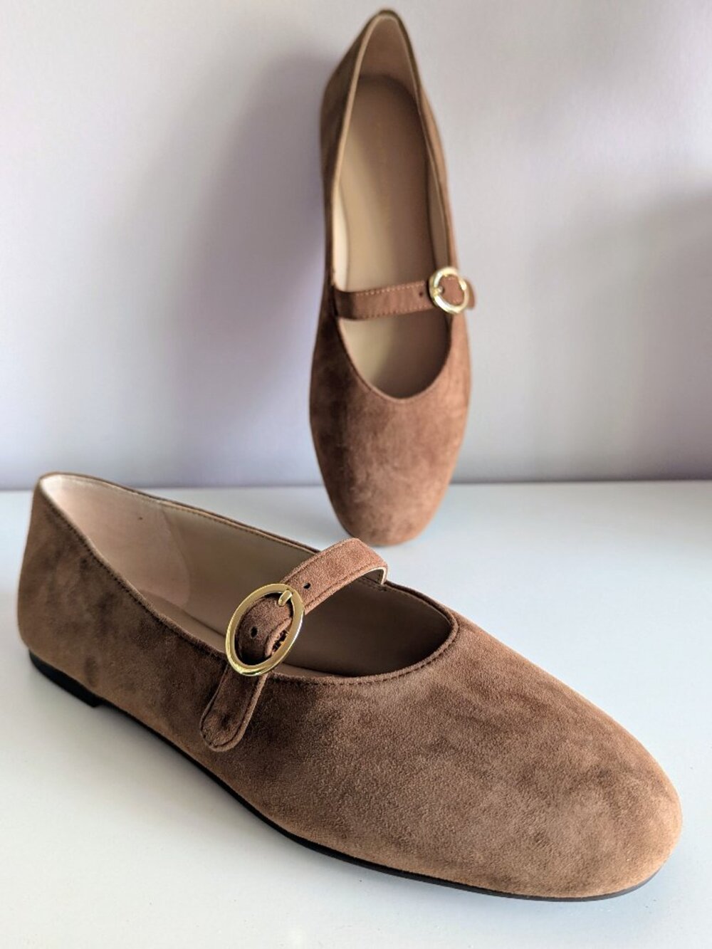 Stuart Weitzman Mary Jane Flats Suede Buckle 7 Light Brown NWOB